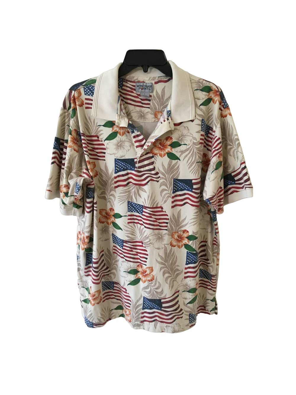 Windham Pointe Large Patriotic Flag & Hawaiian Flowers Short Sleeve Polo Shirt